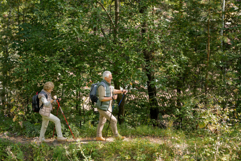 senior couple in activewear walking down forest path with trekking sticks