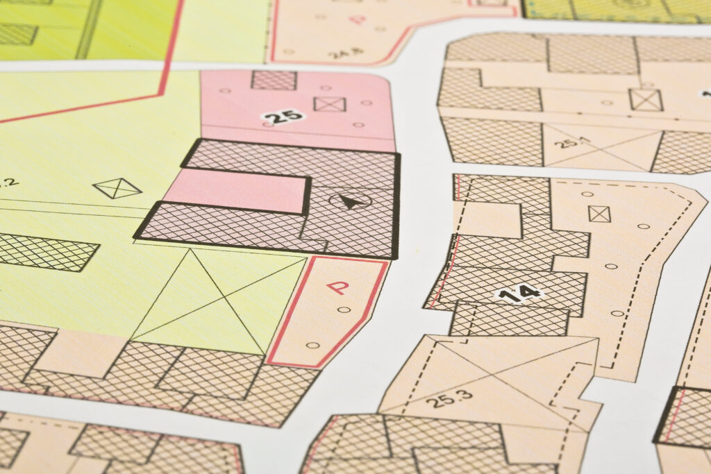 imaginary zoning ordinance, general urban plan with indications of urban destinations with buildings, buildable areas, land plot and real estate land property